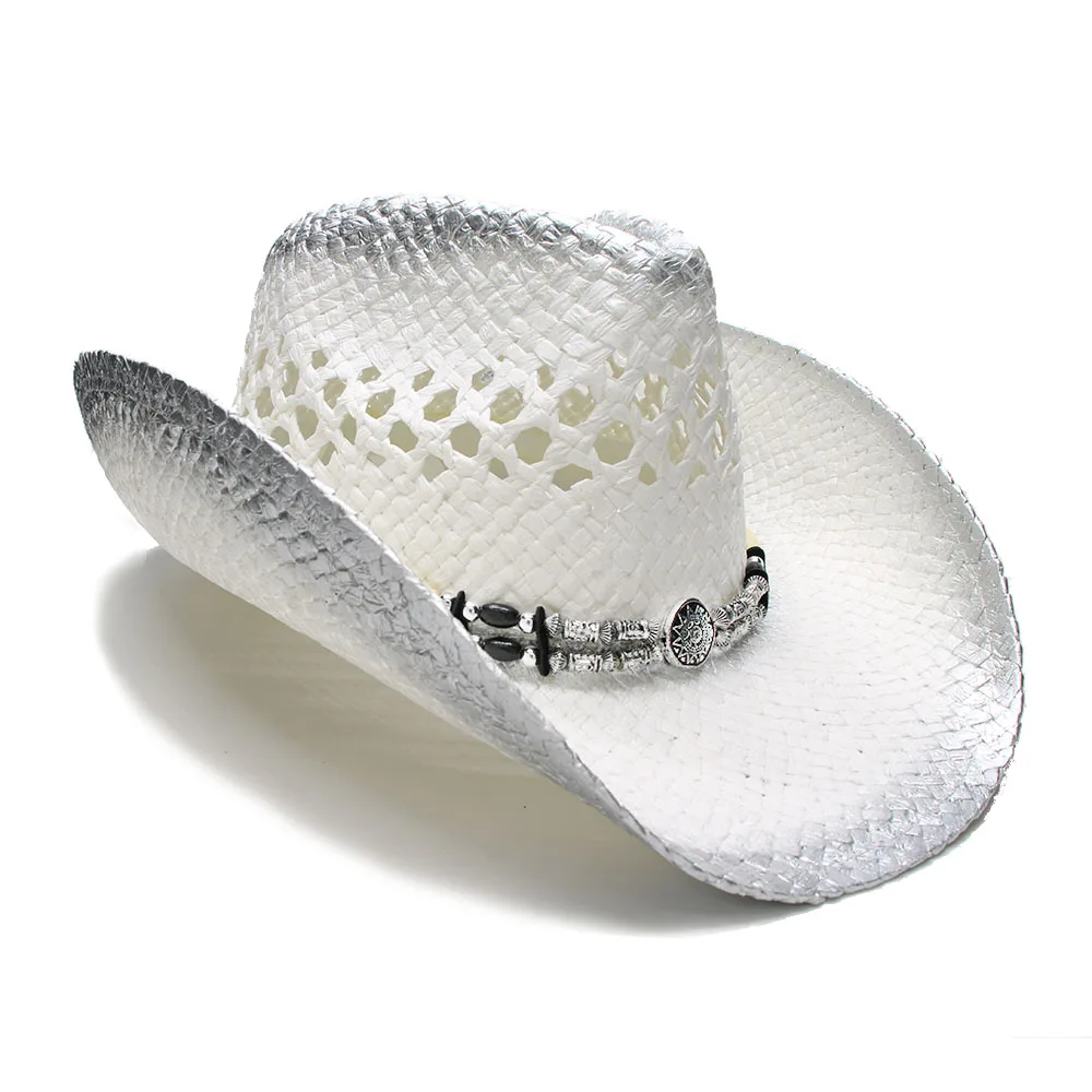 

LUCKYLIANJI Retro Women's Men's Summer Straw Beach Wide Brim Cowboy Western Cowgirl Hat Hollow Out Wood / Alloy Bead Band (58cm)