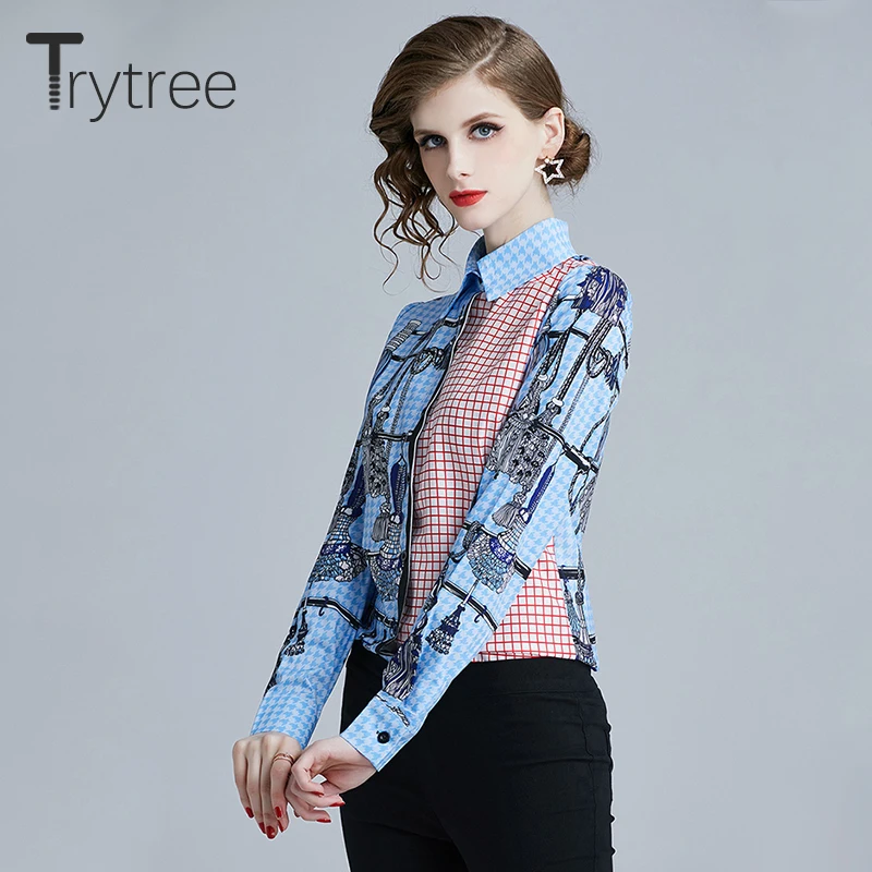 Ttytree/Осенняя ассиметричная клетчатая блузка Повседневная рубашка женские