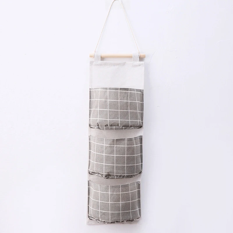 Grid Cotton Linen Hanging Storage Bag 3 Pockets Wall Mounted Wardrobe Hang Bathroom Organizer Cosmetic Toy | Дом и сад