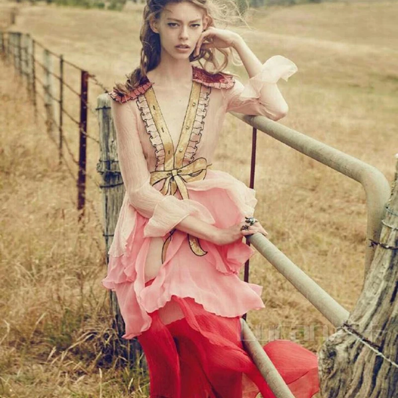 SexeMara fashion The New V-neck Bow Mesh perspective Gradient cake dress Free shipping | Женская одежда