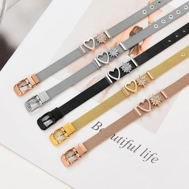 Heart Crystal Bracelet Stainless steel Mesh Charm Needle Buckle Bangle Valentines Gift for Women Lover Fashion Set Jewelry | Украшения и