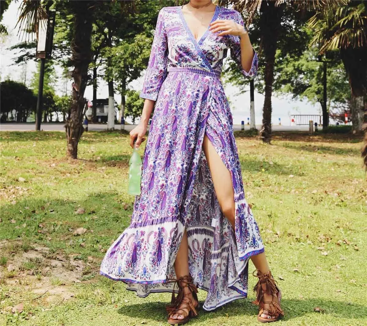 Женское пляжное платье с v-образным вырезом Boho винтажное длинное поясом и