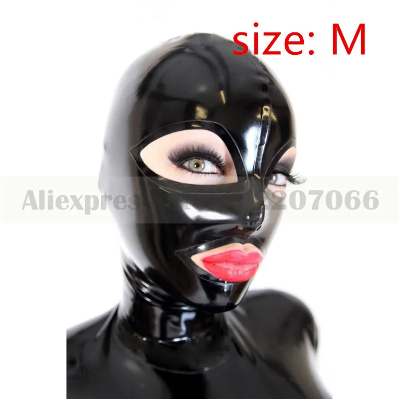 size M Унисекс однотонный черный латексный резиновый капюшон маска с молнией сзади Фетиш капюшон глаза рот открытый ручной работы RLM182 - Цвет: size M