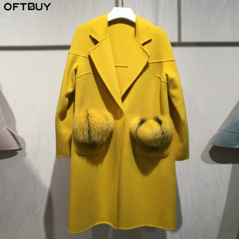 Женское шерстяное пальто с отдел. мехом OFTBUY повседневное из 100% ной шерсти