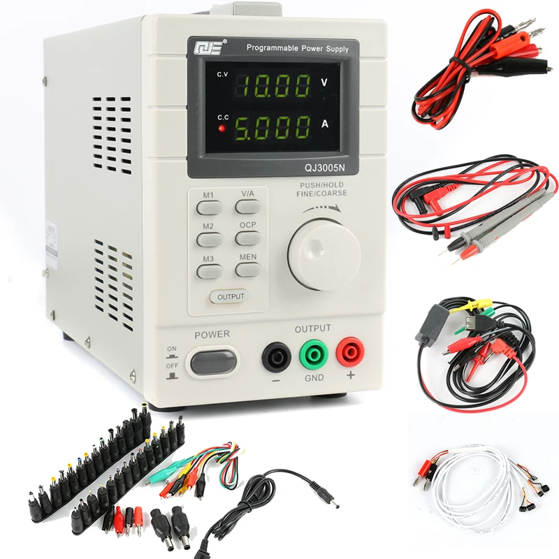 

QJE QJ3005N Laboratory Adjustable LCD Digital Linear Programmable DC Power Supply 30V 5A 0.01V 0.001A + AC DC Jack Adapter Set