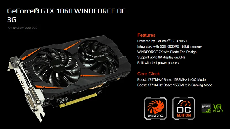 Графическая карта GIGABYTE GTX1060 3 ГБ видеокарты NVIDIA Geforce gtx 1060 OC GDDR5 192 бит Hdmi VGA видеокарты б/у карты