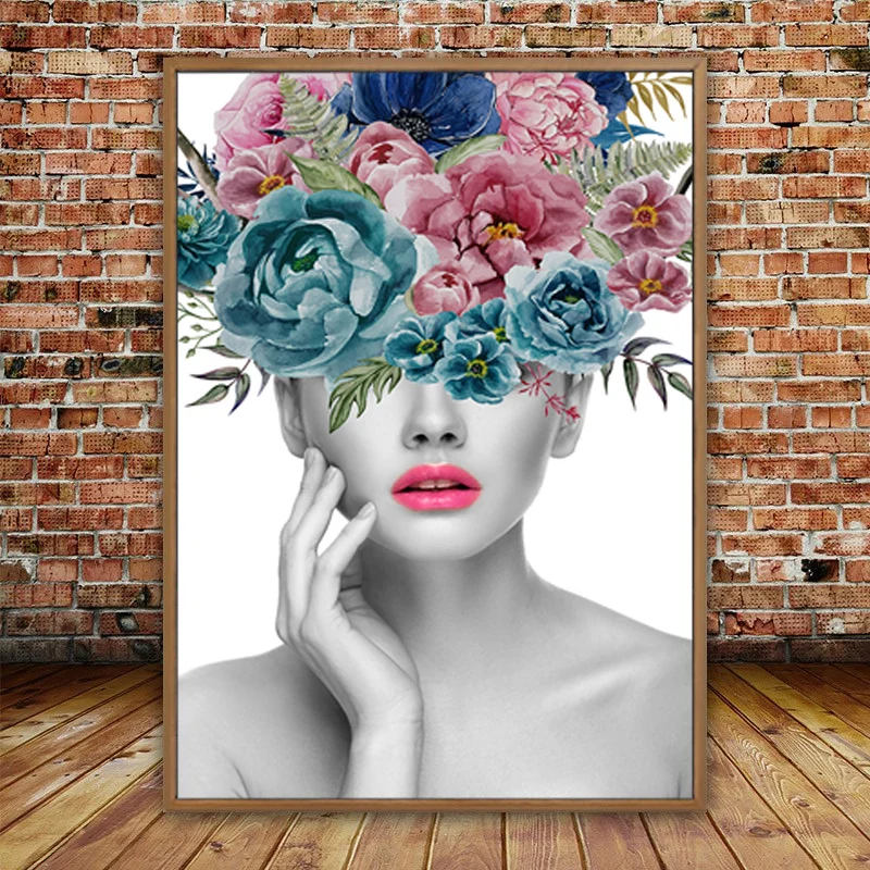 

Fashion Beautiful Flower Woman Portrait Art Picture Canvas Paintings Wall Poster and Print for Living Room Home Decoration