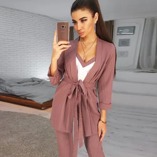 Pink stripe Лидер продаж года; костюм из полиэстера; комплект из 3 предметов для женщин; английский стиль; простой модный Комплект из трех предметов; кардиган на бретельках+ брюки - Цвет: Pink stripe