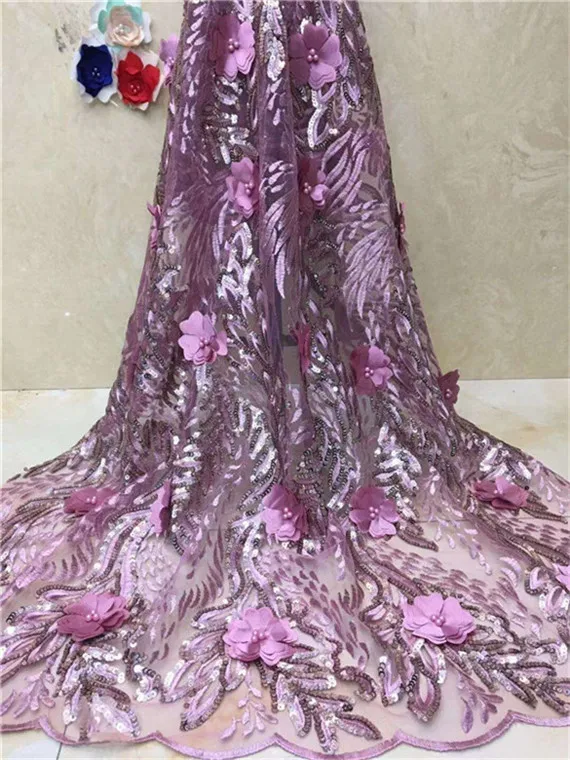 

3D Flowers wine French Lace Fabric 2019 sequins High Quality Lace Net African Lace Fabric With Beads Lace Fabrics For Wedding