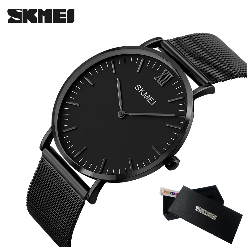 SKMEI новые топ роскошные часы мужские Брендовые мужские часы ультра тонкие из нержавеющей стали сетчатый ремешок кварцевые наручные часы модные мужские часы