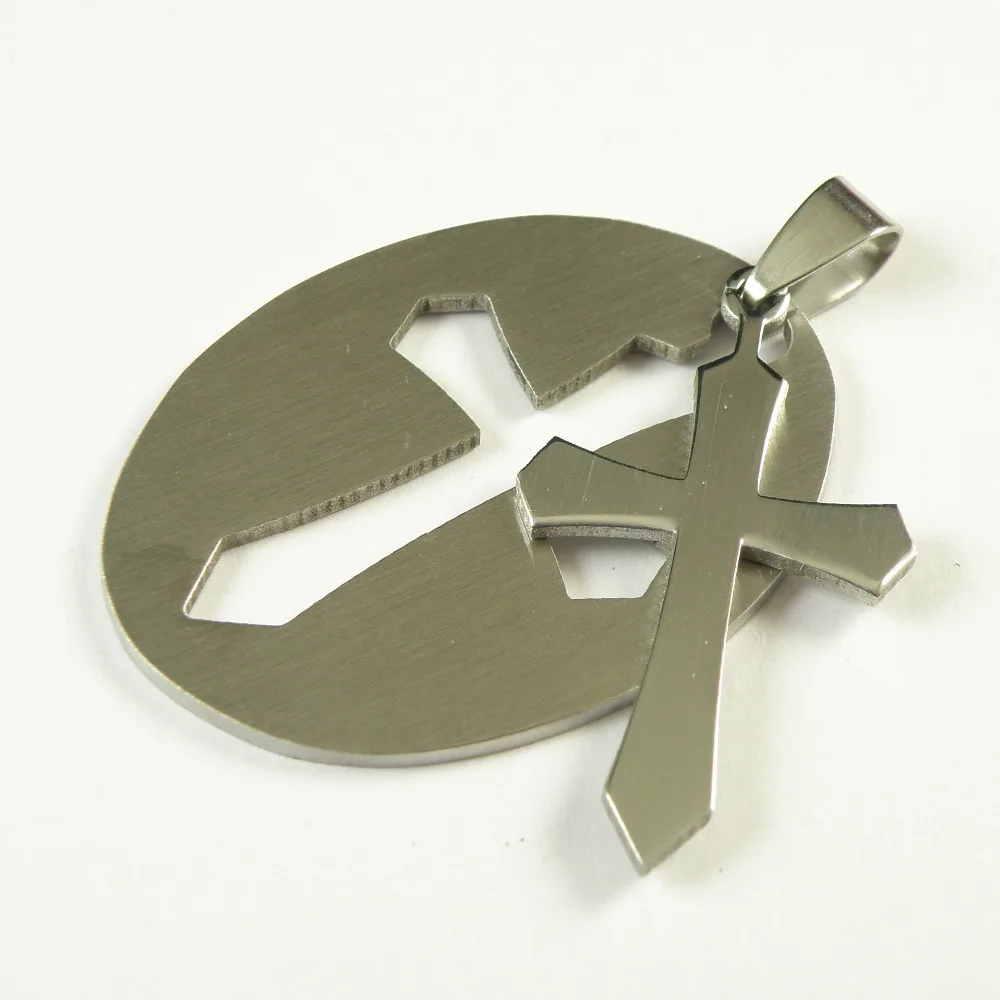 

Free Shipping Titanium Steel Double-Sided Polishing Cross With Oval Stainless Steel Wire Cut Silk Combo Tag Cross Free Chain