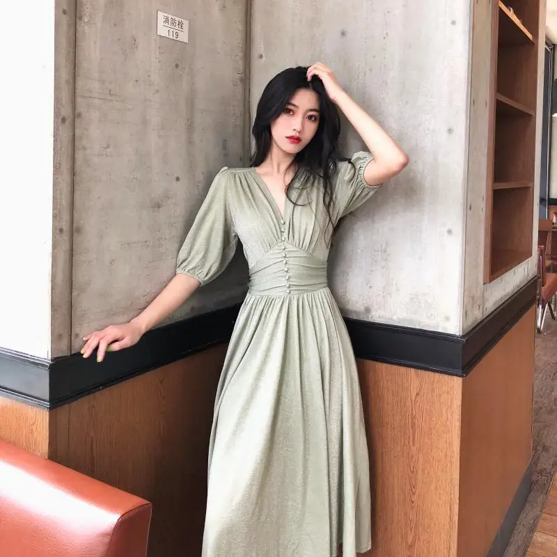 2019 новые модные женские платья Ретро Высокая талия v образным вырезом Фонарь