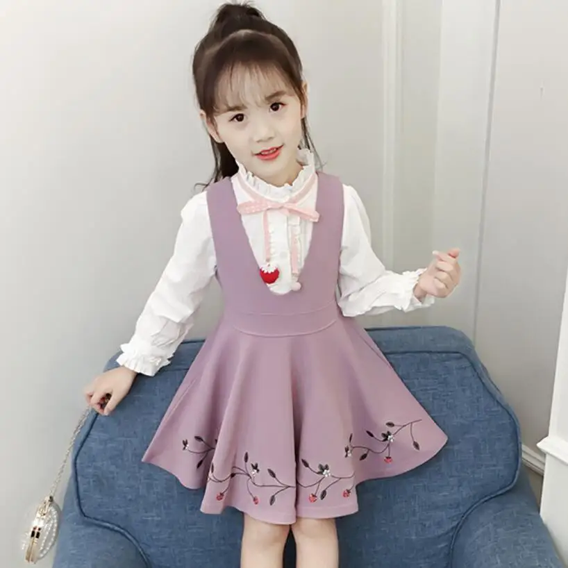 Весенний костюм для девочек подростков белая блузка с длинным рукавом и платье