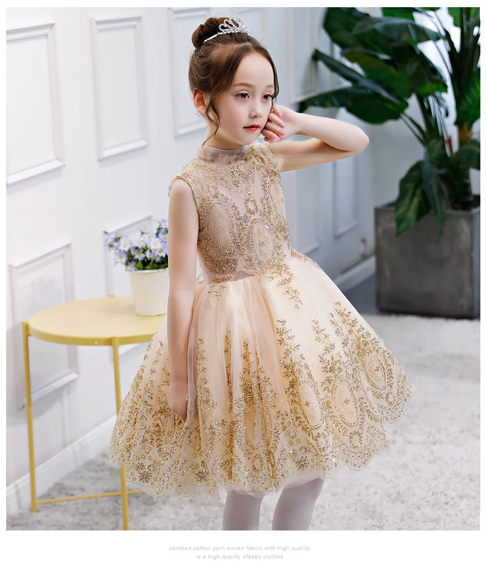 Gold Lace Dress Flower Girl Princess Sleeveless Party Wedding Dresses Toddler Kids Wear First Communion Gowns | Детская одежда и