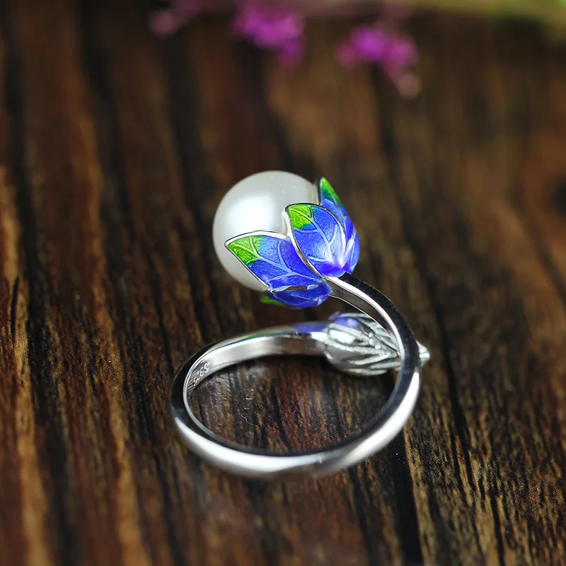 

L&P Fashion Ring Pearl Jewelry Cloisonne Flower Rings Natural Freshwater Pearl 925 Sterling Silver Jewelry For Women Gift