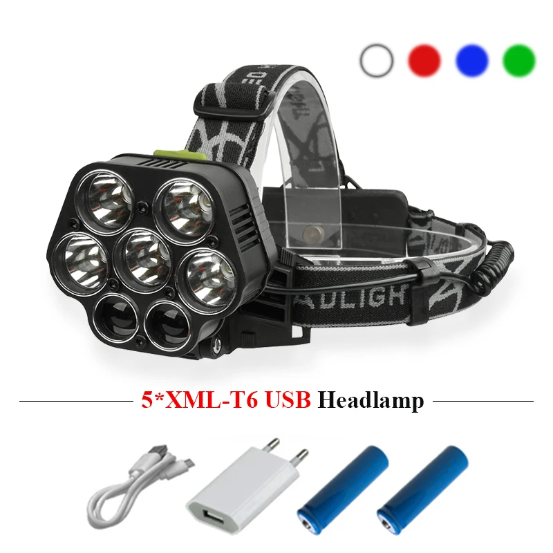 7led красный светло синий зеленый источник света головная лампа cree xml t6 usb фара для