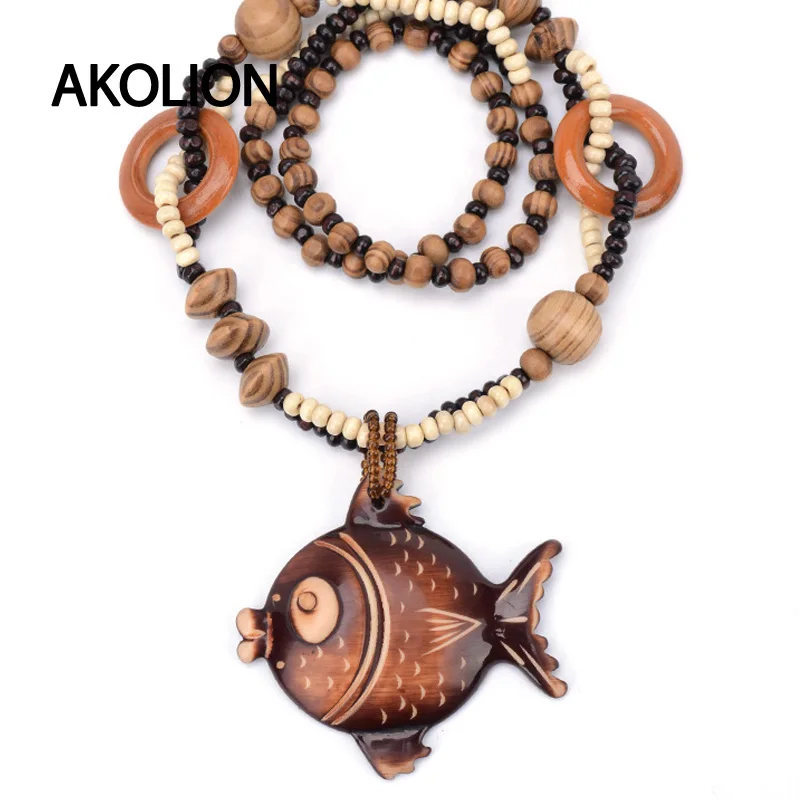 2019 New Women statement Fish necklaces &amp pendants Wooden pendant Long bead Woman necklace collares mujer colar accessories | Украшения