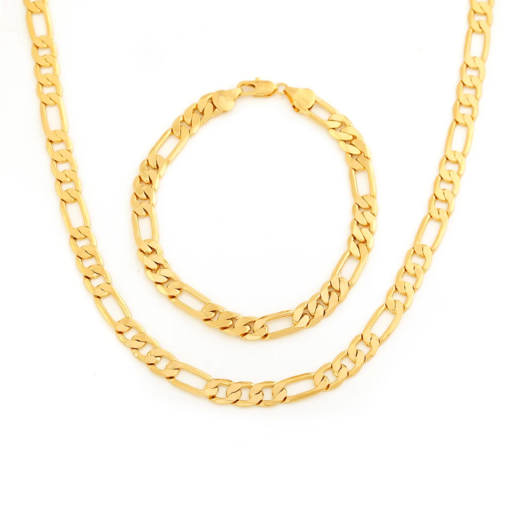 Hot Fashion Gold Color Jewelry Men Necklace Set Wholesale Trendy Figaro Chain Bracelet | Sets