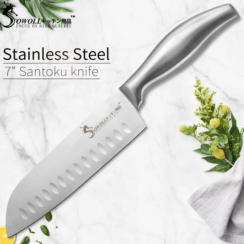 7 Santoku SOWOLL, кухонный нож, фруктовый нож, нож для нарезки сантоку, нож для шеф-повара, острый кухонный нож из нержавеющей стали с полой ручкой, аксессуары для ножей - Цвет: 7 Santoku