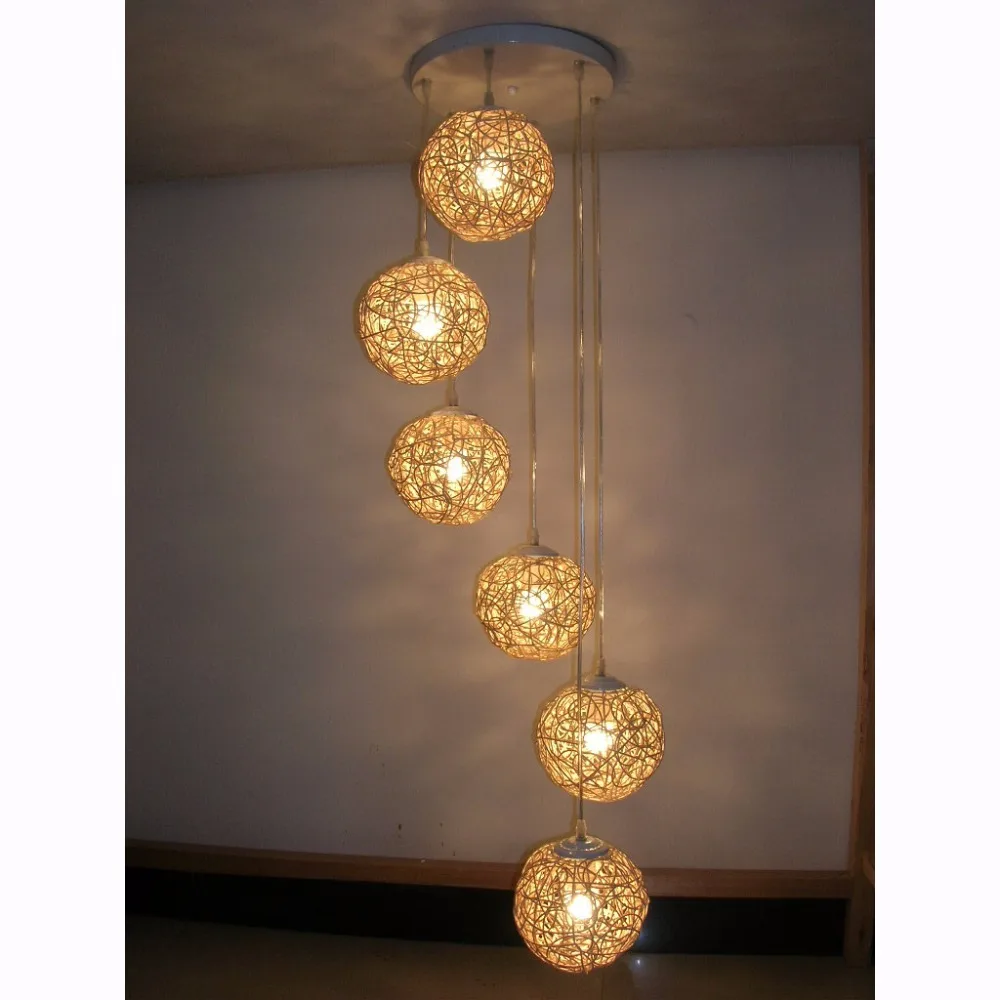 Подвесной светильник из натурального ротанга с 6 шариками плетеный для гостиной