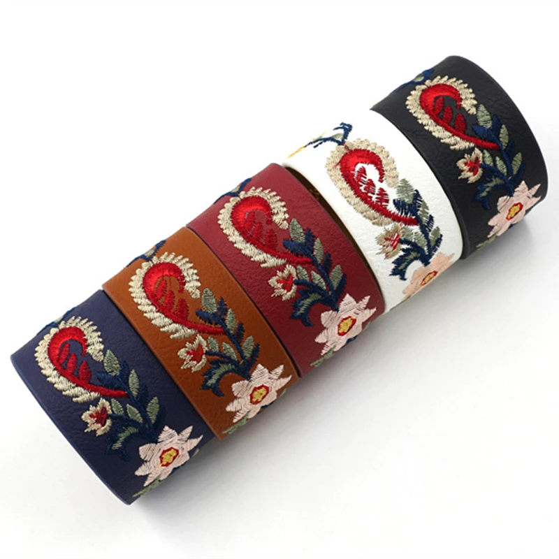 Heeda Japan Korean Spring New Joker Bangle Embroidery Flower Wide PU Leather Bracelet Women Graceful 2019 Bohemia Boho Jewelry | Украшения