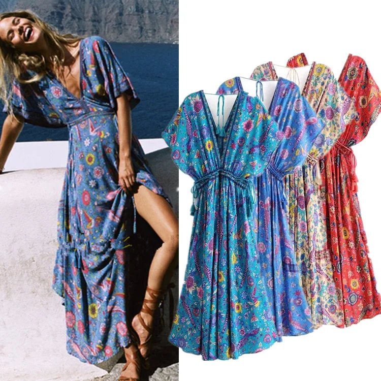 Платье-макси с V-образным вырезом коротким рукавом и принтом | Женская одежда