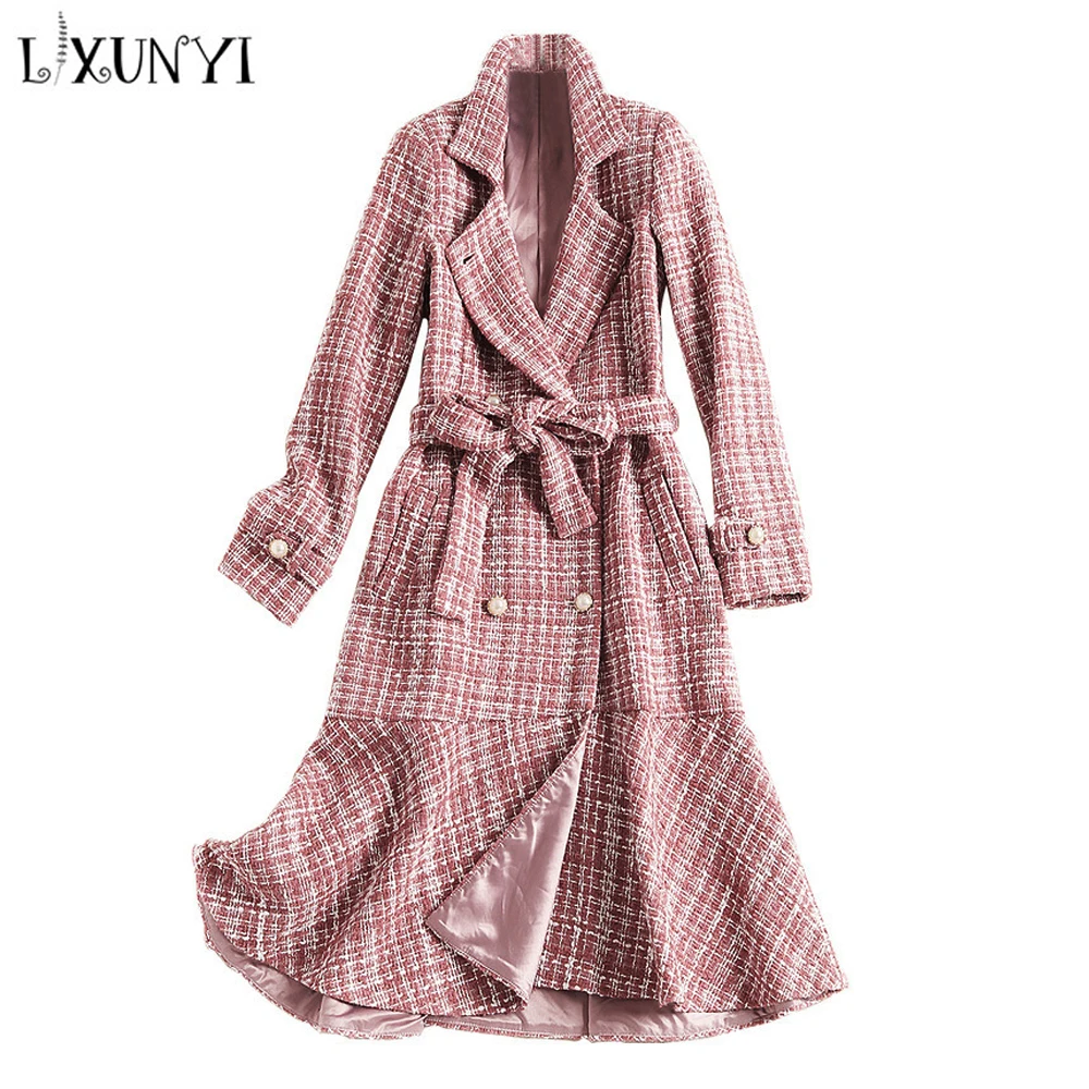 LXUNYI Новое Розовое клетчатое твидовое шерстяное пальто для женщин XLong Sashes рыбий