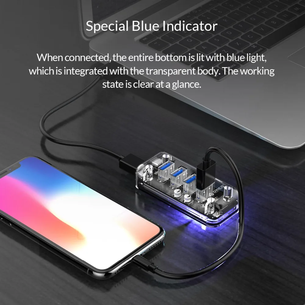 Прозрачный сплиттер-Концентратор ORICO с 4 портами s USB3.0 двойным портом питания Micro