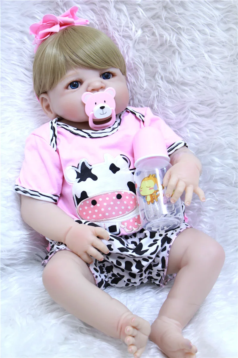 

22" 55cm real full silicone dolls reborn lifelike newborn girl with pink cow clothing pacifier bottle bebe soft reborn bonecas