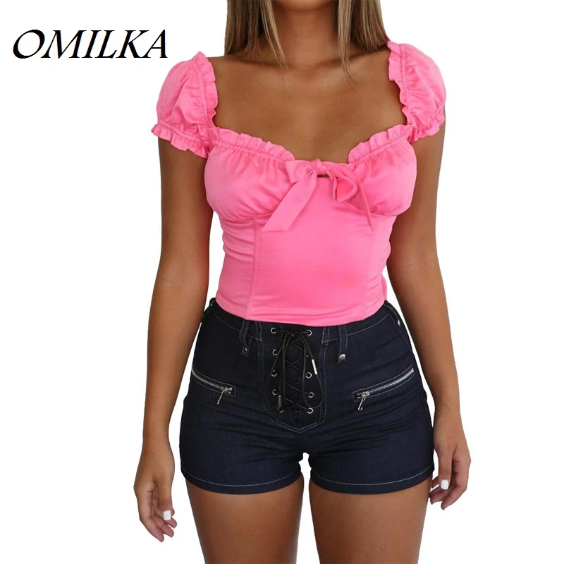 

OMILKA 2019 Autumn Women Midi Waist Jeans Bandage Jeans Shorts Sexy Denim Blue Club Party Skinny Zipper Ladies Shorts Trousers