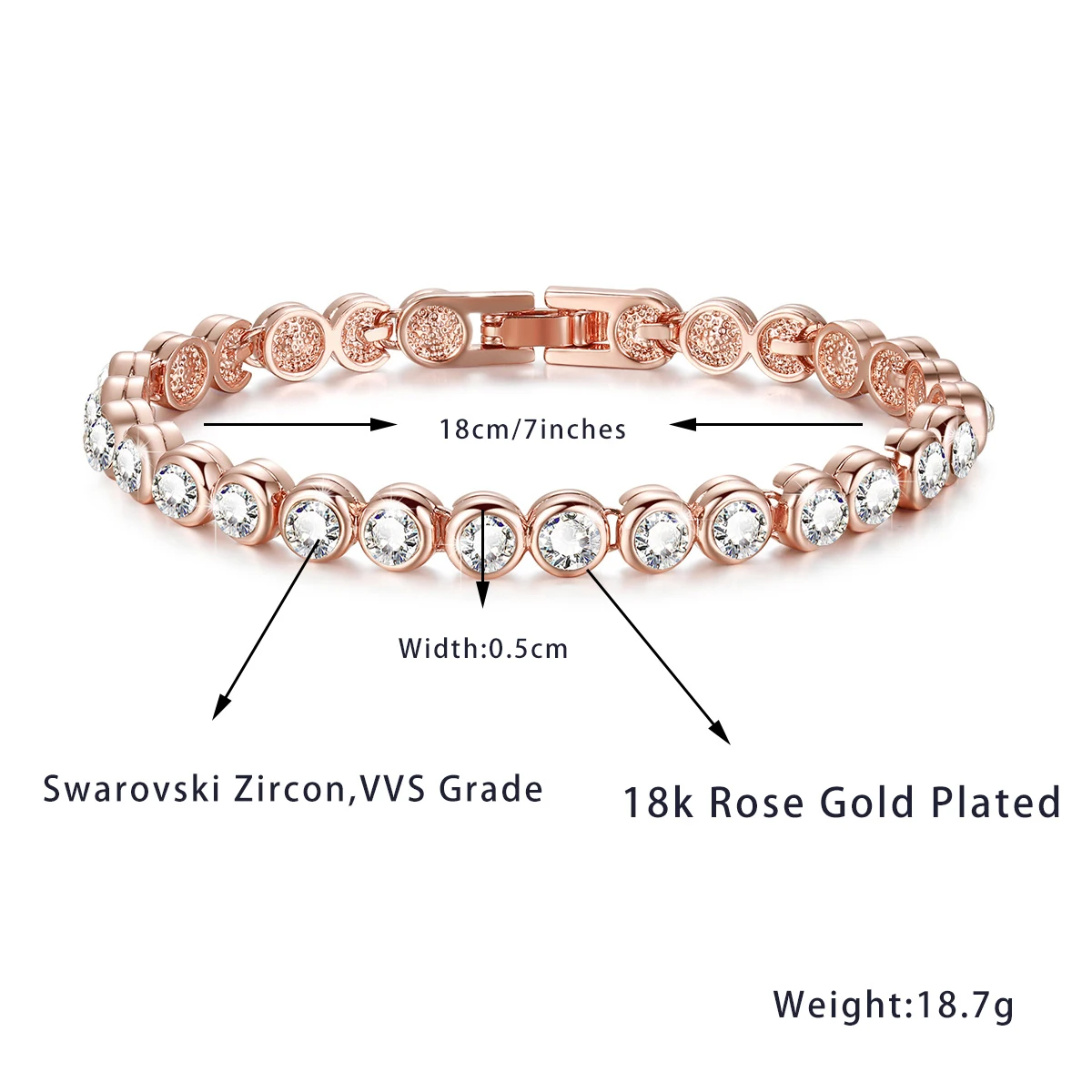 

18k Rose Gold Bracelet with Cubic Zirconia Bracelet,Tennis Bracelet [18cm/7inch] Christmas Mother's Day Valentines Gifts
