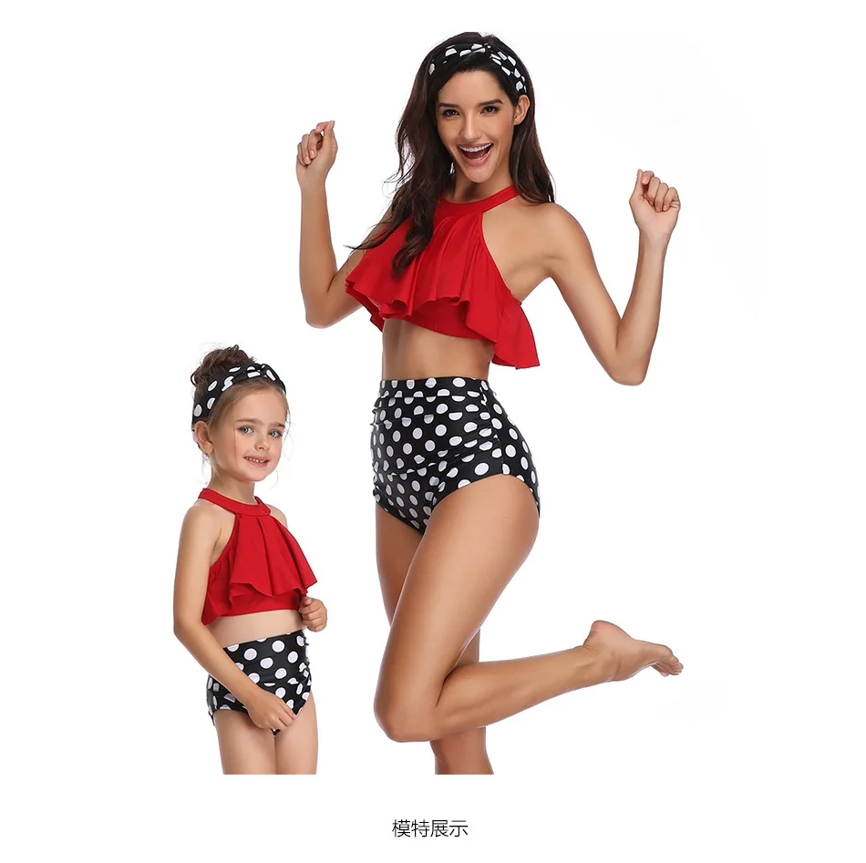 Mother and Daughter Новинка года; Летние одинаковые комплекты для семьи; комплект из двух предметов с принтом листьев лотоса; одежда для родителей и детей; купальник для мамы и дочки - Цвет: Mother and Daughter