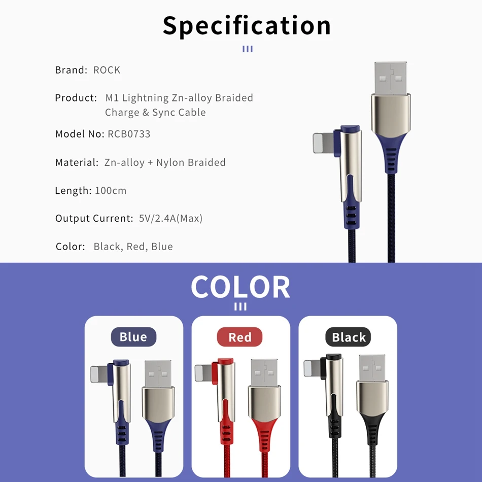 ROCK USB кабель для Apple 2.4A кабель для быстрой зарядки цинковый сплав 90 градусов для Apple iPhone 8 7 6 5 X XS Max XR iPad кабель для синхронизации данных