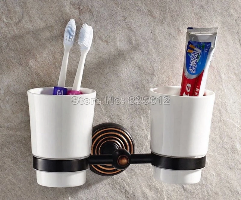 Настенный латунный держатель для зубной щетки с двумя керамическими