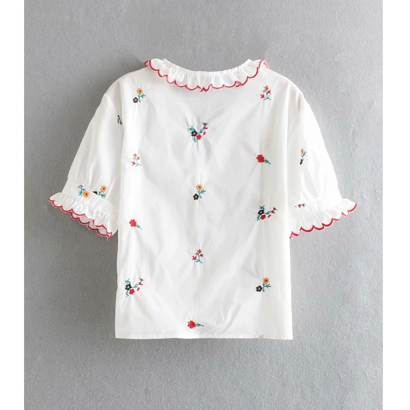 Новинка Женская милая Цветочная вышивка с v образным вырезом Повседневная блуза