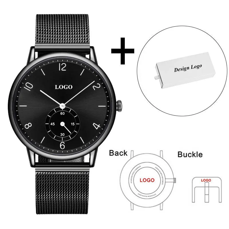 Custom Watch and Box CL031 OEM брендовые черные часы циферблат настроить логотип мужские часы нержавеющая сталь и кожаный ремешок сделать свой собственный логотип часы - Цвет: Custom Watch and Box