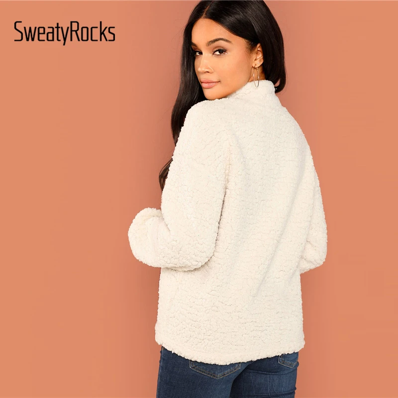 Свитер SweatyRocks, бежевая, на пуговицах, спереди, плюшевый свитшот, с высокой горловиной,, Осень-зима, Повседневный, длинный рукав, женские толстовки