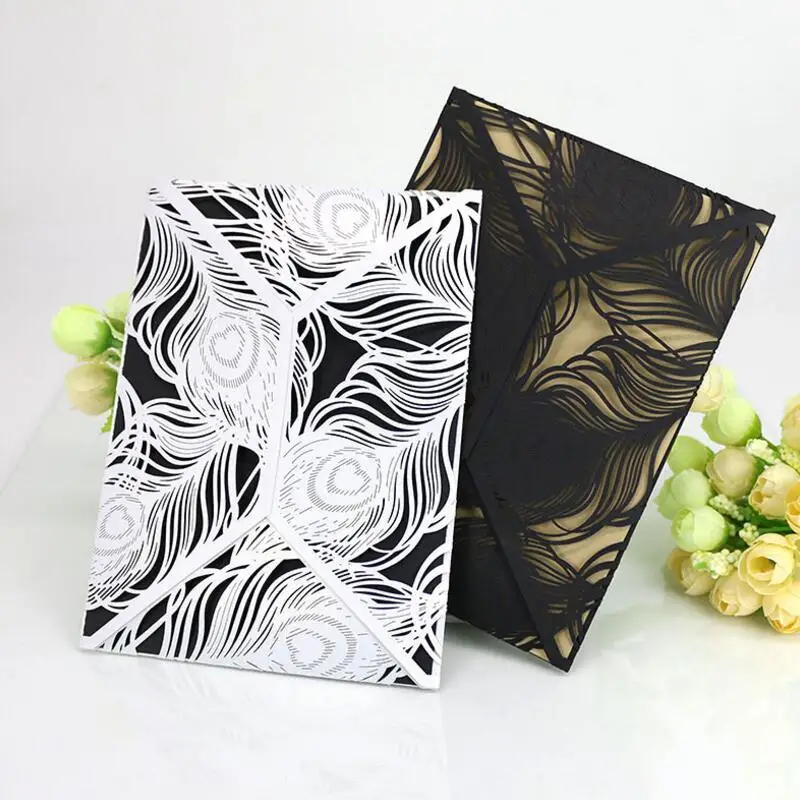 

50pcs/pack Laser Cut Peacock Feather Birthday Paty Wedding Invitation Cards Adult Ceremony Invitaiton Card Blessing Card