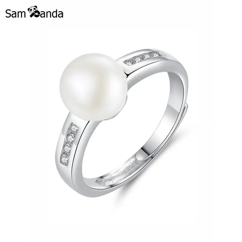 

Authentic 100% 925 Sterling Silver Ring Natural Freshwater Pearl Finger Rings Pave CZ Adjustable For Women Wedding Gift Jewelry