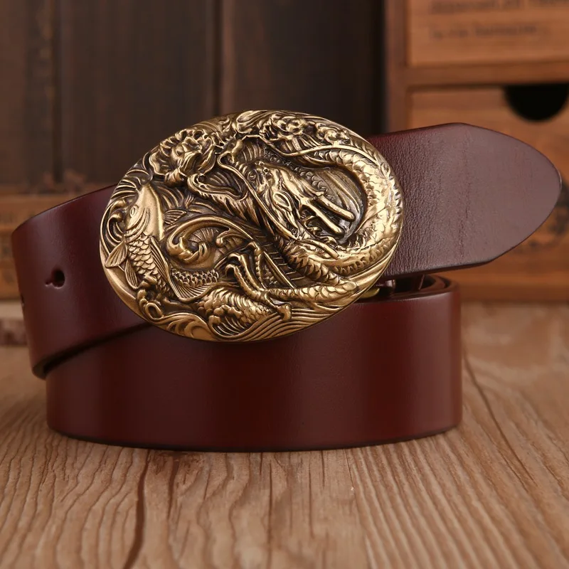 GV dragon brown Золотая Пряжка, твердая латунь, дракон, рыба, китайский стиль, полное зерно, Воловья кожа, натуральная кожа, мужские ремни, роскошный коричневый, черный, высокое качество - Цвет: GV dragon brown
