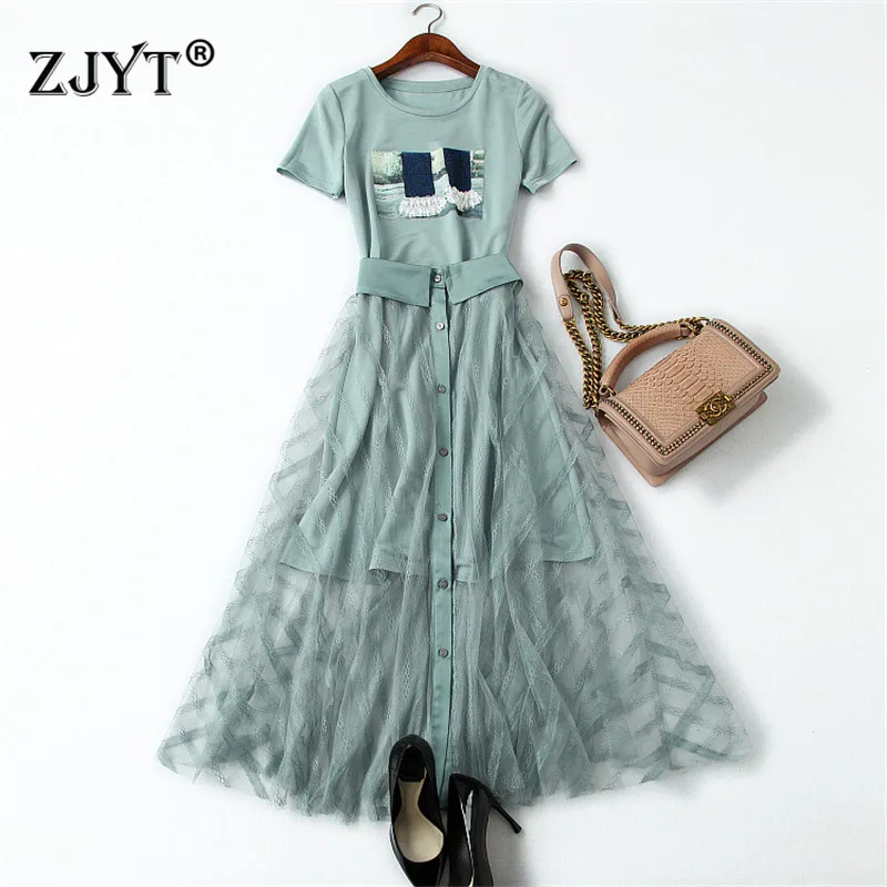 Женское Повседневное платье футболка длинное кружевное со стразами комплект из 2