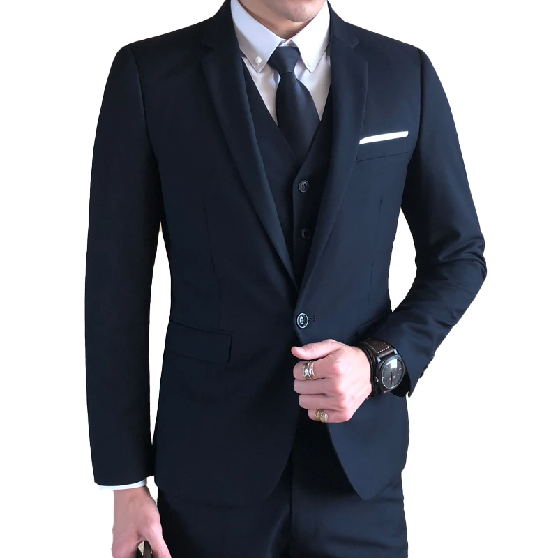 

( Jacket + Vest + Pants ) 2019 New Mens Fashion Boutique Solid Color Formal Business Suit Groom Wedding Dress Black Blue Suit