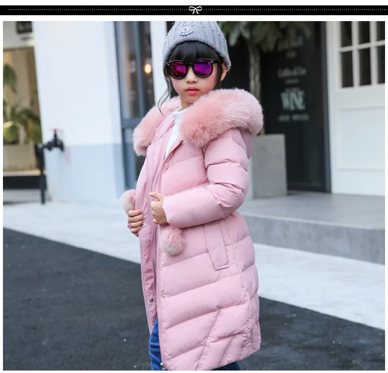 Зимняя детская утепленная Меховая куртка-пуховик модная теплая куртка для девочек детское пальто с капюшоном на белом утином пуху одежда с капюшоном