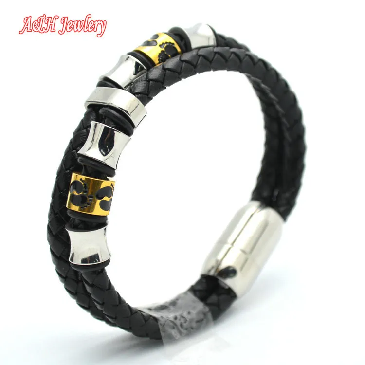 

5pcs Super Quantity Double Layer Genuine Leather Bangles For Men Stainless Steel With Footprint Laser Bracelet