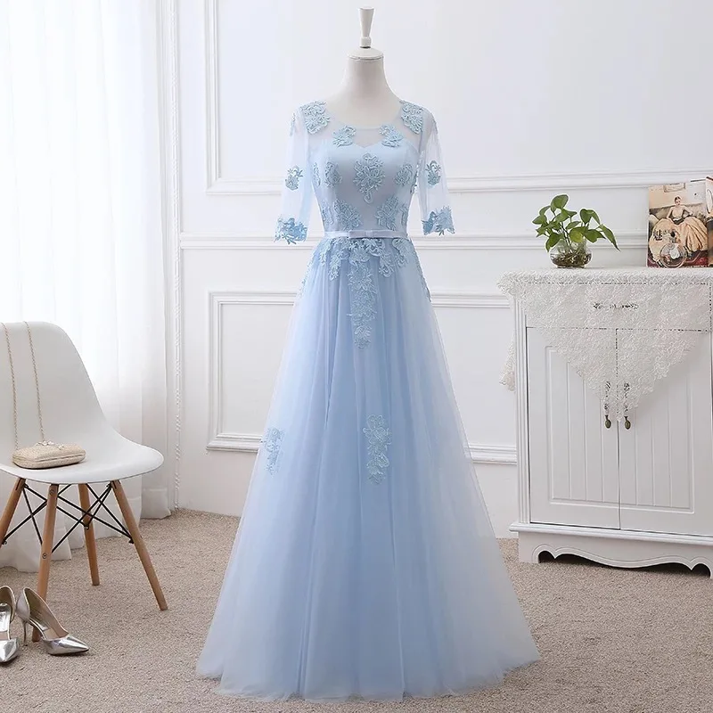 Light Blue Элегантные платья невесты из тюля с коротким рукавом трапециевидной формы длиной до пола новые длинные женские вечерние платья LA02 - Цвет: Light Blue