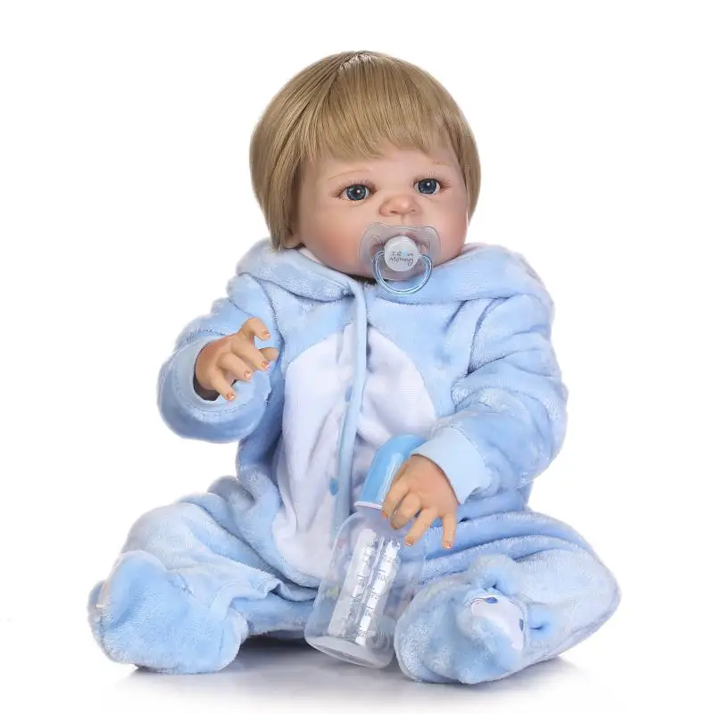

57CM Full Silicone Reborn Baby Boy Dolls Lifelike Newborn Boy with Blue Clothing Children Gift Bonecas