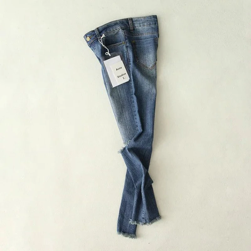 La Maxpa 2017 Hot Sale Real Zipper Fly Washed Stripe Pencil Pants Mid Hole Cotton Regular Light Jeans Woman Are The Female |