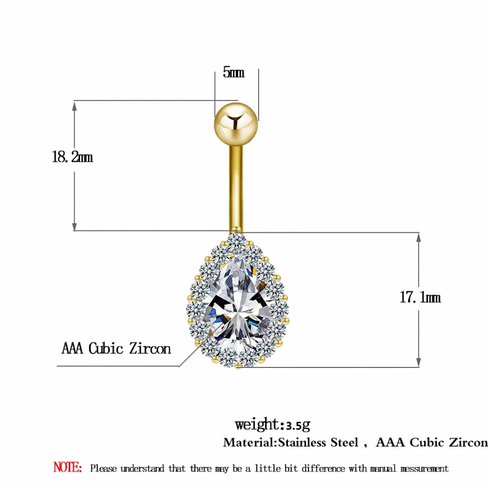 Kinitial Нержавеющая сталь пупка Кольца Прозрачный в форме капли воды Кристалл для