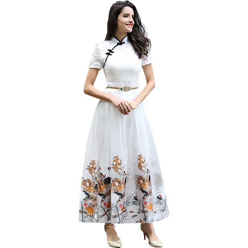 Платье с вышивкой DF xxxl женское платье цветочным принтом Qipao короткий рукав