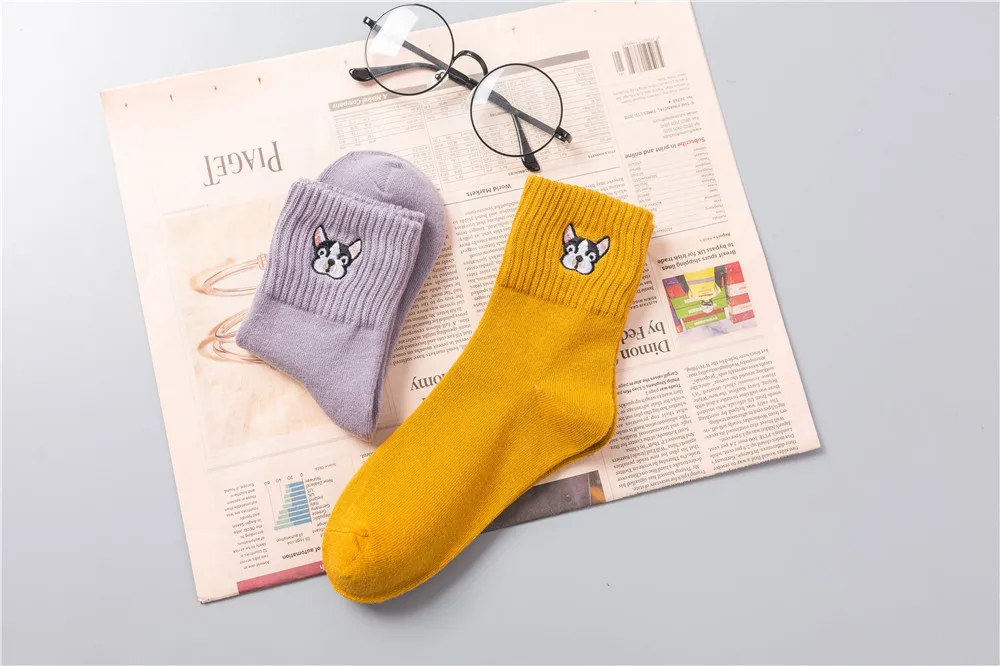 CHAOZHU Women Cute French Bulldog Embroidery Grey Green Pink Black Yellow Five Colors Cotton Knitting Winter Autumn Warm Socks